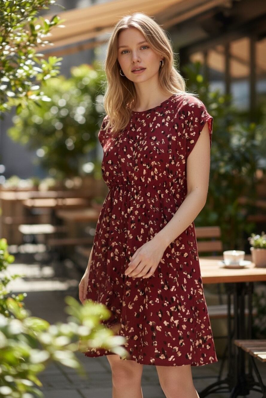 SHEIN Curve Womens 0XL Burgundy Leopard Print Dress Short Sleeve Empire Waist